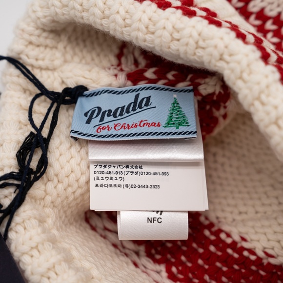 size L Prada Cashmere Beanie Hat Red White Christmas Triangle logo Wool - Picture 4 of 7
